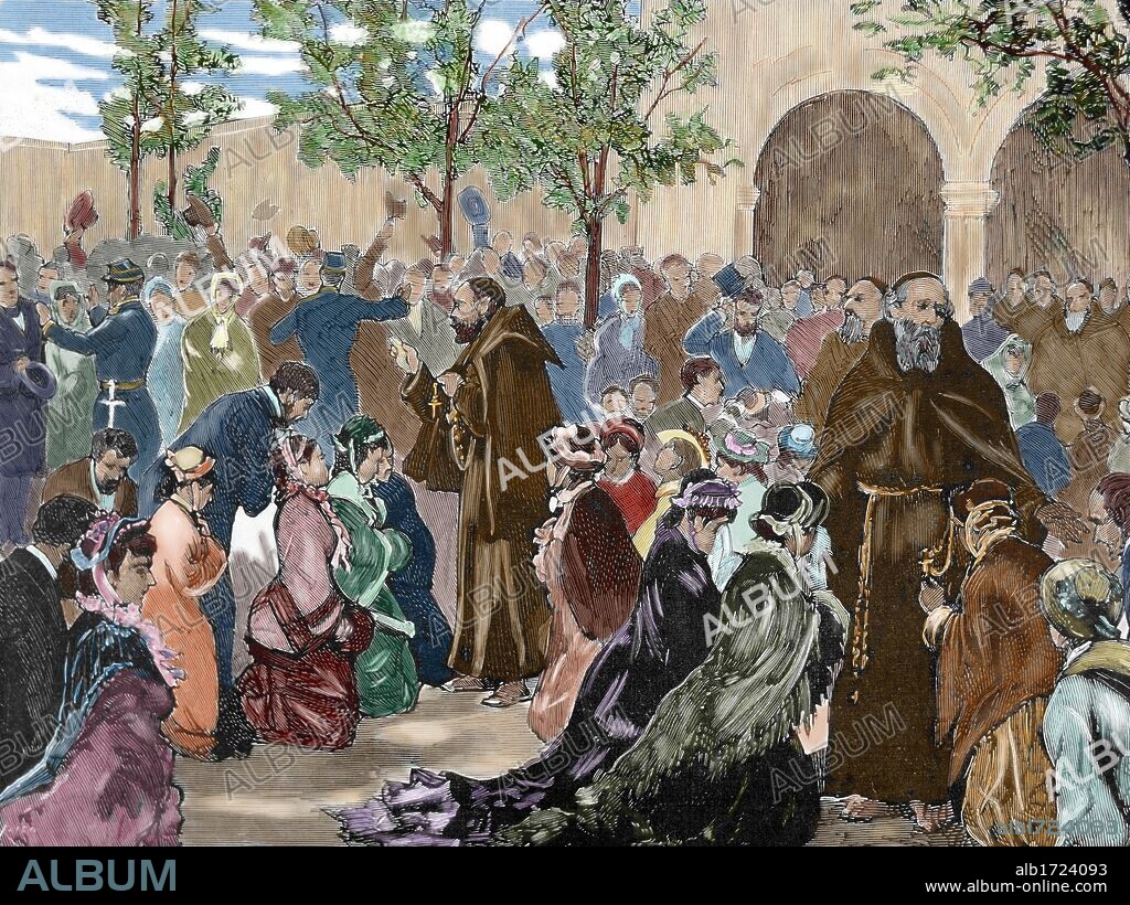 Expulsion of the Capuchin Fathers of their Convent of the Rue de la Sante, (1880). Paris. France. Colored engraving.