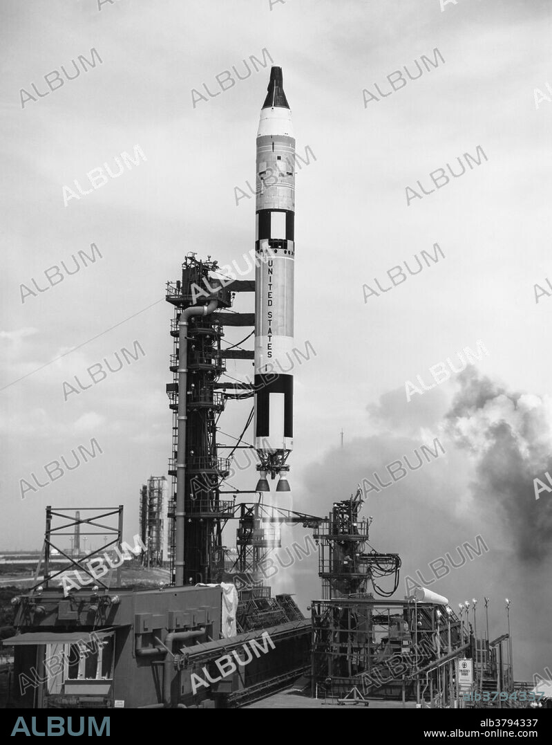 The first flight phase of Project Gemini launching from Cape Kennedy, Florida, April 8, 1964.