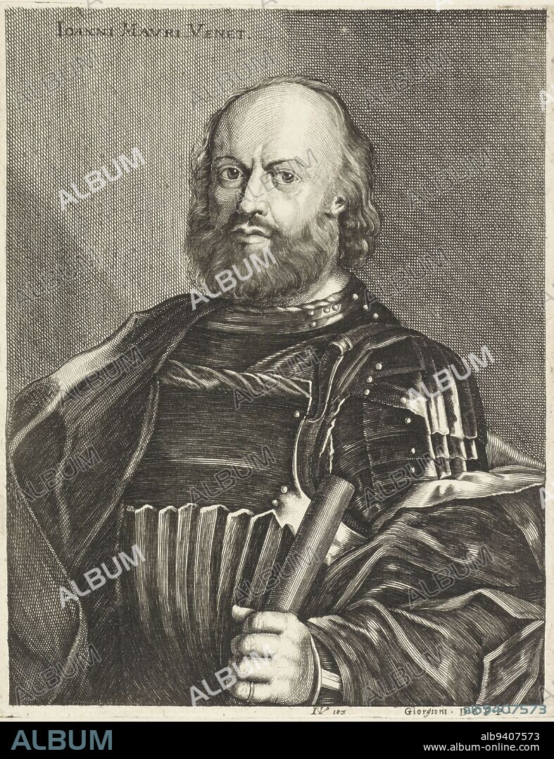 Portrait of a Venetian man with command staff Possibly the admiral Giovanni Moro, Portrait of a Venetian man with command staff, print maker: Lucas Vorsterman (II), (rejected attribution), print maker: anonymous, Giorgione, (mentioned on object), 1650 - 1700, paper, etching, engraving, h 240 mm × w 188 mm.