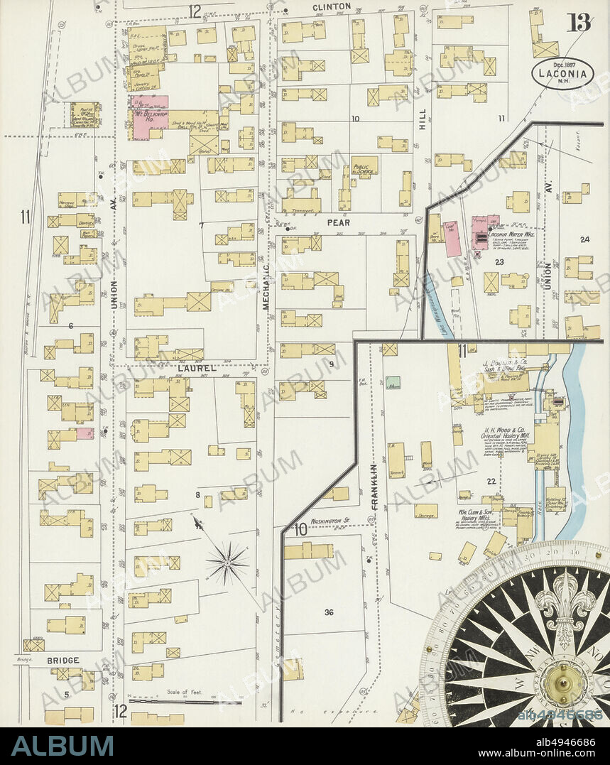 Image 13 of Sanborn Fire Insurance Map from Laconia, Belknap County, New Hampshire. Dec 1897. 13 Sheet(s), America, street map with a Nineteenth Century compass.
