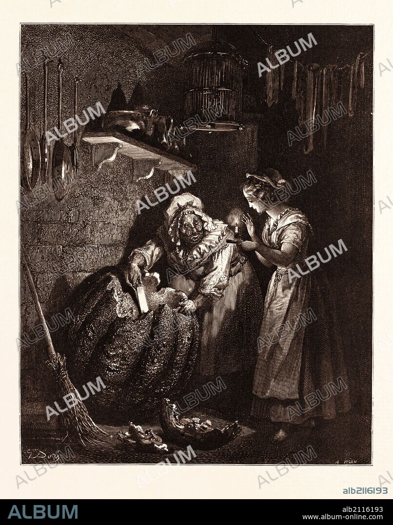 CINDERELLA'S GODMOTHER AND THE PUMPKIN, BY GUSTAVE DORÉ. engraved by Heliodore Joseph Pisan. Dore, 1832 - 1883, French. Engraving for the fairy tales in Fairy Realm, by Tom Hood the Younger. 1870, Art, Artist, romanticism, colour, color engraving.