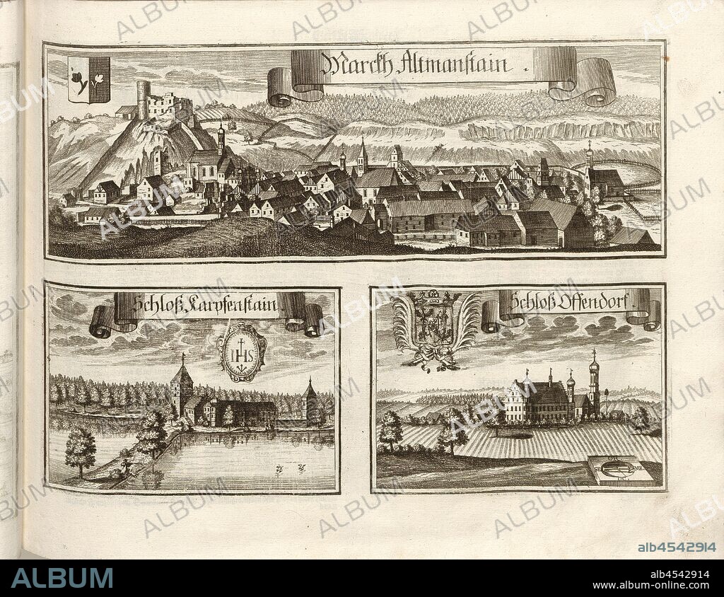 Marcth Altmanstain, Schloss Karpfenstain, Schloss Offendorf, Altmannstein, Karpfenstein Castle in Neustadt an der Donau, Offendorf Castle in Mindelstetten in Bavaria (Germany), Fig. 31, p. 24, Wening, Michael (del. et sc.), 1701, Michael Wening: Historico-topographica descriptio. Das ist: Beschreibung, dess Churfürsten- und Hertzogthumbs Ober- und Nidern Bayrn, welches in vier Theil oder Rennt-Aembter, als Oberlands München und Burgkhausen, Underlands aber in Landshuet unnd Straubing abgetheilt ist [...]. Thail 1. München: bey Johann Lucas Straub, gem: lobl. Landtschafft Buchtruckern, anno M.DCCI. [1701].