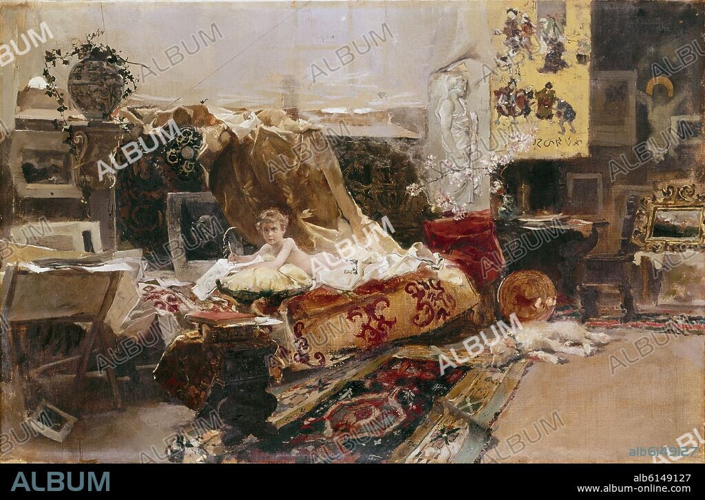 JOAQUIN SOROLLA. EL HIJO DE FORTUNY EN EL ESTUDIO DEL PINTOR - SIGLO XIX.