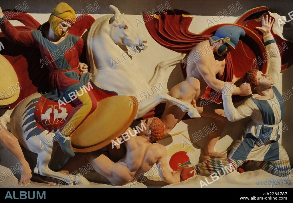 Alexander Sarcophagus. 4th century BC. Short side depicting a battle. Short side depicting a battle scene. Color reconstruction. Archaeological Museum. Istanbul. Turkey.