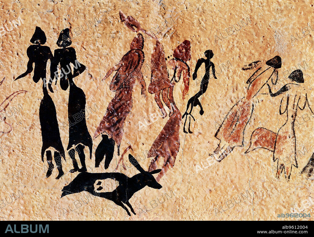 Cave paintings typical of the Levantine art, found in the Roca dels Moros or Cogull Cave (Lleida), scene of nine women dancing around a man, with overlapping animal figures, one of them seems to be pregnant.