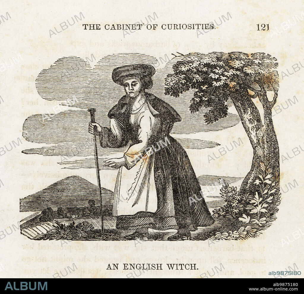 Elizabeth Sawyer, English witch executed for witchcraft in 1621. Seduced by a demon dog to serve Satan and the inspiration for Thomas Dekkers play The Witch of Edmonton. Woodcut from The Cabinet of Curiosities, or Wonders of the World Displayed, Henry Piercy, New York, 1836.