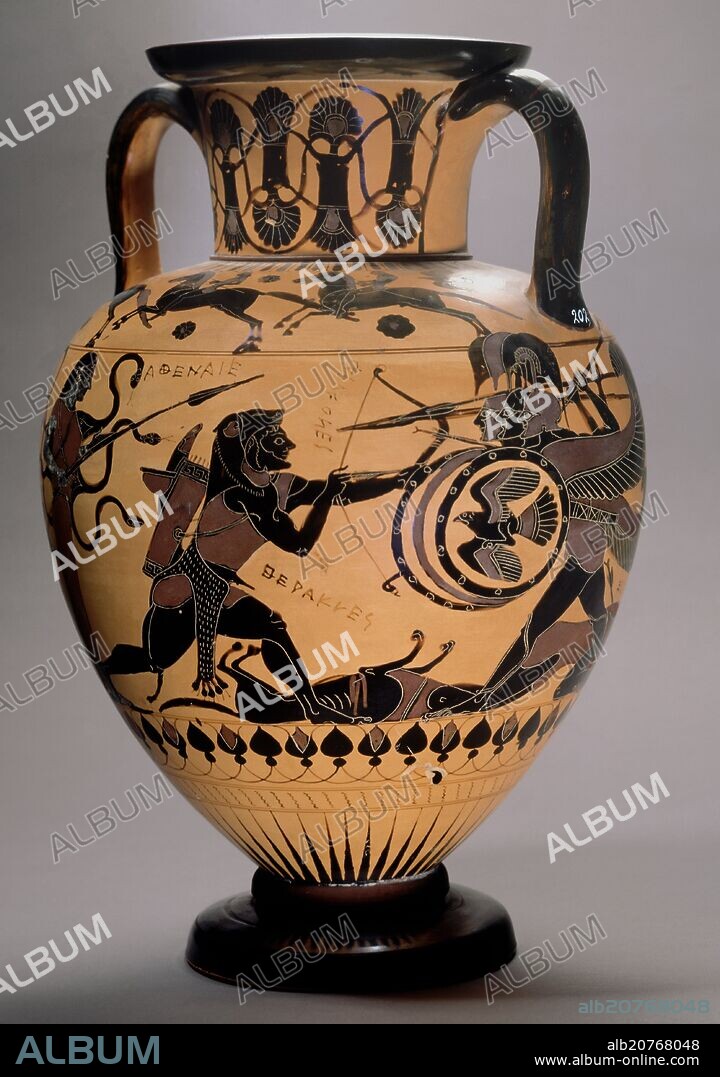 ANFORA GRIEGA DECORADA CON UNA ESCENA DE LOS COMBATES ENTRE HERCULES Y GERION - SIGLO VI AC.