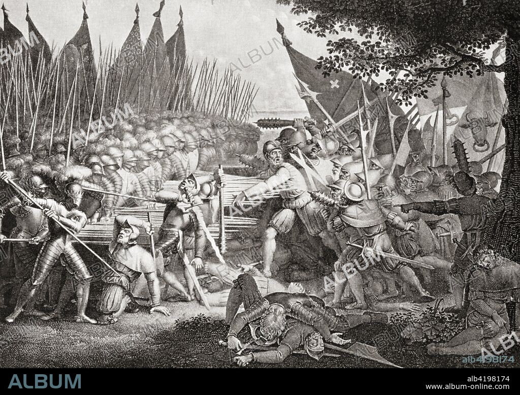 The heroic death of Arnold Winkelried.  Arnold von Winkelried or Arnold Winkelried, a legendary hero of Swiss history who threw himself upon the Austrian pikes, taking some of them down with his body.  This broke up the Austrian front and made an opening through which the Swiss could attack and so brought about the victory of the Old Swiss Confederacy in the Battle of Sempach, 1386  against the army of the Habsburg Duke Leopold III of Austria. From Hutchinson's History of the Nations, published 1915.