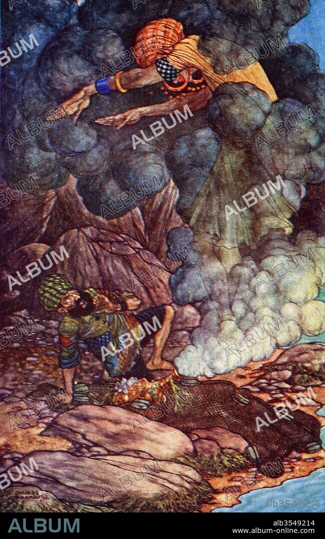 The History of the Fisherman. Illustration by Charles Folkard from the book The Arabian Nights published 1917.