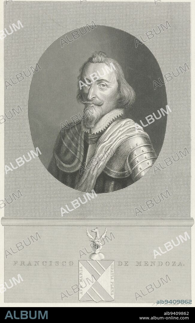 Portrait of Francisco Hurtado de Mendoza, admirant (admiral) of Aragon. He was commander of Spanish troops in the Southern Netherlands. In the margin his name and family crest. Portrait of Francisco Hurtado de Mendoza, print maker: Jan Frederik Christiaan Reckleben, (mentioned on object), Amsterdam, 1855 - 1857, paper, steel engraving, h 268 mm × w 179 mm.