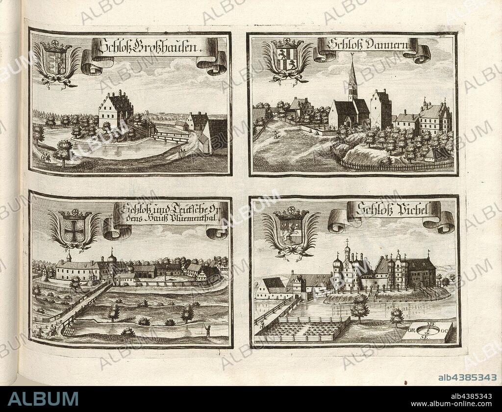 Castle Grosshausen, Castle Dannern, Castle and Teutsche Ordens House Pluementhal, Castle Pichel, Grosshausen Castle in Kühbach-Sedlhof, Tandern Castle in Hilgertshausen-Tandern, Blumenthal Castle in Aichach (coming from the Teutonic Order), Pichl Castle in Bavaria (Germany), Fig. 47, p. 32, Wening, Michael (del. et sc.), 1701, Michael Wening: Historico-topographica descriptio. Das ist: Beschreibung, dess Churfürsten- und Hertzogthumbs Ober- und Nidern Bayrn, welches in vier Theil oder Rennt-Aembter, als Oberlands München und Burgkhausen, Underlands aber in Landshuet unnd Straubing abgetheilt ist [...]. Thail 1. München: bey Johann Lucas Straub, gem: lobl. Landtschafft Buchtruckern, anno M.DCCI. [1701].