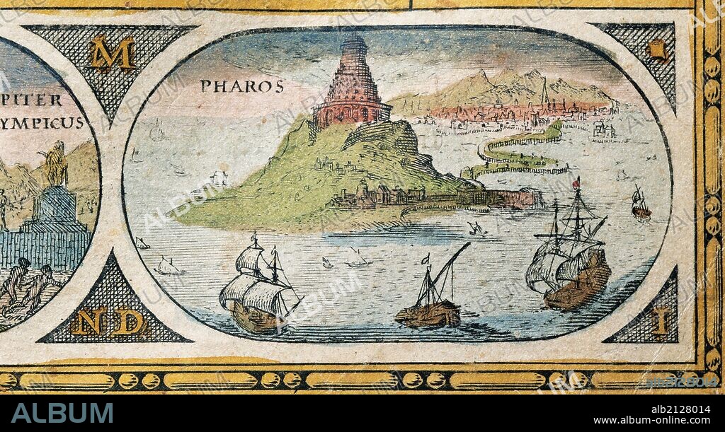 LAS SIETE MARAVILLAS DE LA ANTIGÜEDAD. "EL FARO DE ALEJANDRIA". Representación de las siete maravillas del Mundo Antiguo construido hacia el 300-280 a. C. cerca de la desembocadura río Nilo. "NOUVEL ATLAS" o "LE THEATRE DU MONDE" de Guillaume et Joan Blaeu. Amsterdam, año 1645. Siglo XVII.