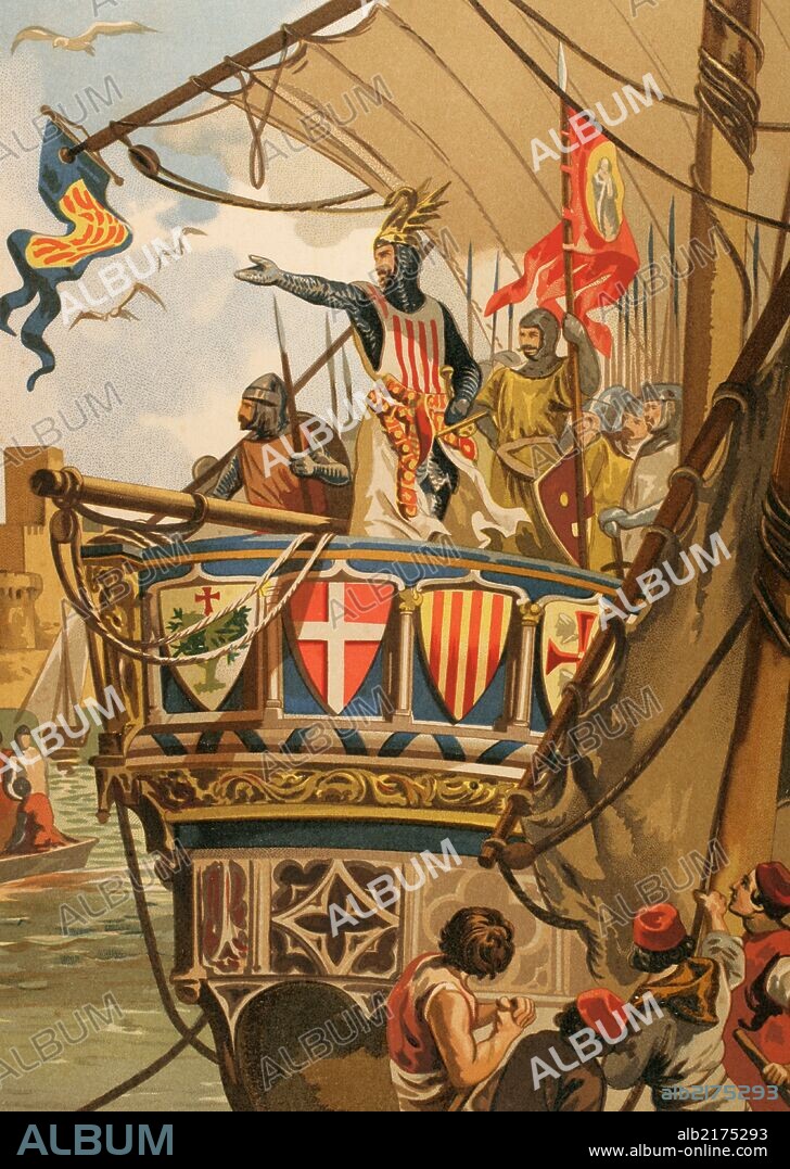 Jaime I de Aragón El Conquistador (1208-1276). Rey de Aragón, Valencia, Mallorca, Conde de Barcelona y Montpellier. "Embarque de Jaime I hacia la conquista de Mallorca, 1229". Grabado a color. "Glorias Españolas" Ramón Molinas. Editor.