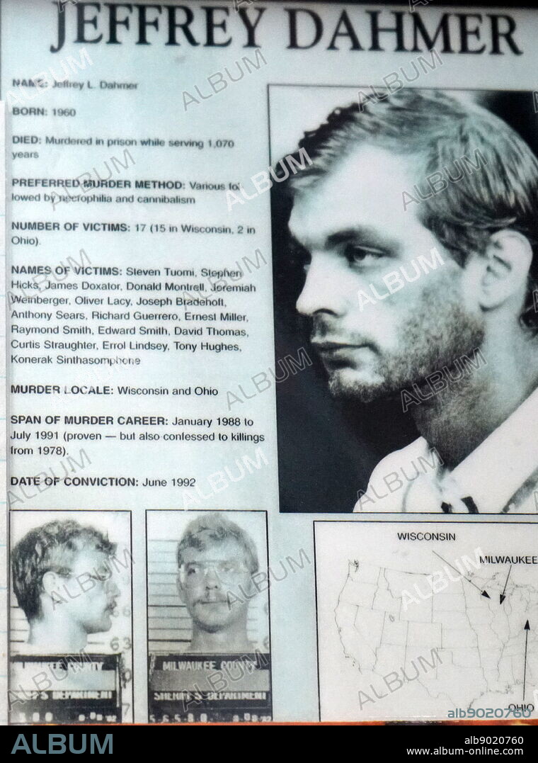 Information sheet about Jeffrey Dahmer. Jeffrey Lionel Dahmer (1960-1994) an American serial killer and sex offender who was convicted of the rape, murder and dismemberment of 17 men and boys from 1978-1991.