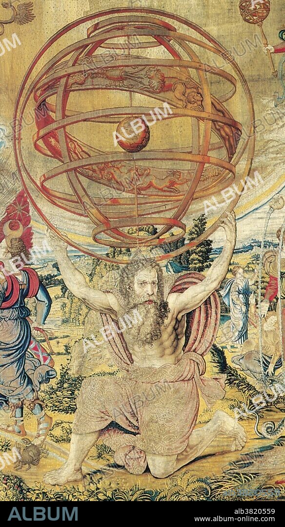 Portion of the tapestry "Atlas Supporting the Armillary Sphere," circa 1530, by George Wezeler, Brussels, Belgium. An armillary sphere (variations are known as spherical astrolabe, armilla, or armil) is a model of objects in the sky (in the celestial sphere), consisting of a spherical framework of rings, centered on Earth, that represent lines of celestial longitude and latitude and other astronomically important features such as the ecliptic. In astronomy, the geocentric model (also known as geocentrism, or the Ptolemaic system), is the superseded theory that the Earth is the center of the universe, and that all other objects orbit around it. Ptolemy was an Egyptian polymath, who made studies in astrology, astronomy, geography and mathematics. For the full tapestry, see image no. BS4748.