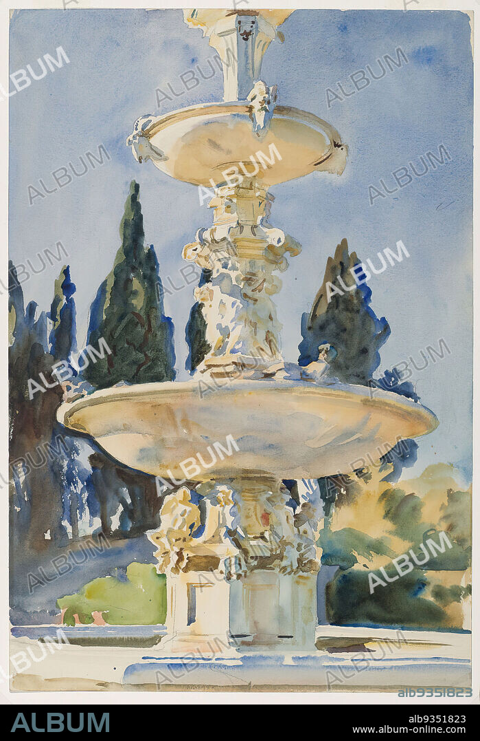 In a Medici Villa, John Singer Sargent, American, born Italy, 1856-1925, Translucent watercolor and touches of opaque watercolor with graphite underdrawing, 1906, 21 3/16 x 14 3/8in., 53.8 x 36.5cm, cypress, fountain, garden, italy, ndd01, sunlight, trees, villa, watercolor.