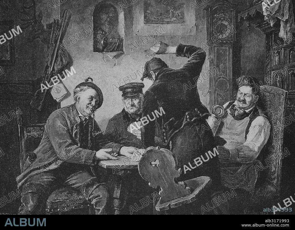 Schafkopf players in a village inn, historic engraving, 1883.