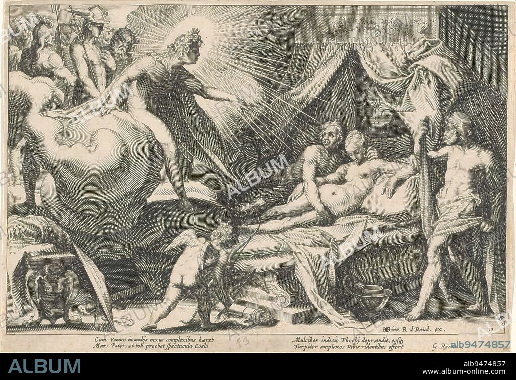 Mars and Venus surprised by Apollo, Metamorphoses of Ovid (series title), Mars and Venus are in bed together. Apollo, on a cloud at the foot of the bed, raises an accusing finger at them. Behind him other Olympian gods, including Mercury and Neptune. In front Amor. In the lower margin a four-line explanation, in two columns, in Latin., print maker: Hendrick Goltzius, (workshop of), after design by: Hendrick Goltzius, (mentioned on object), G. Rijckius, (mentioned on object), print maker: Haarlem, after design by: Haarlem, publisher: Amsterdam, c. 1590 and/or 1615, paper, engraving, height 178 mm × width 256 mm.