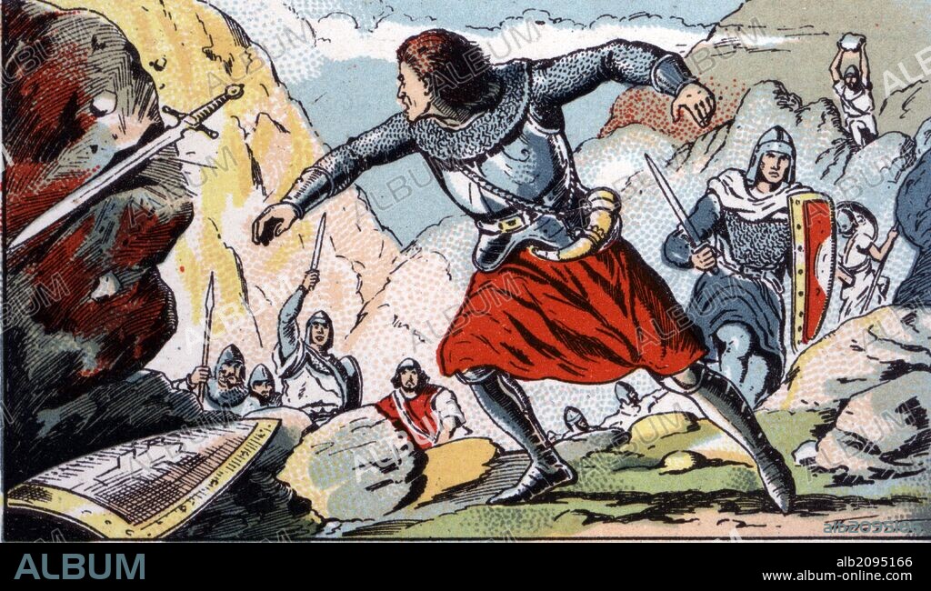 ALBERT MESTRE MORAGAS. Historia. Siglo VIII. Navarra; las tropas carolingias son derrotadas en la batalla de Roncesvalles. Años 1940. Dibujo de Mestre.