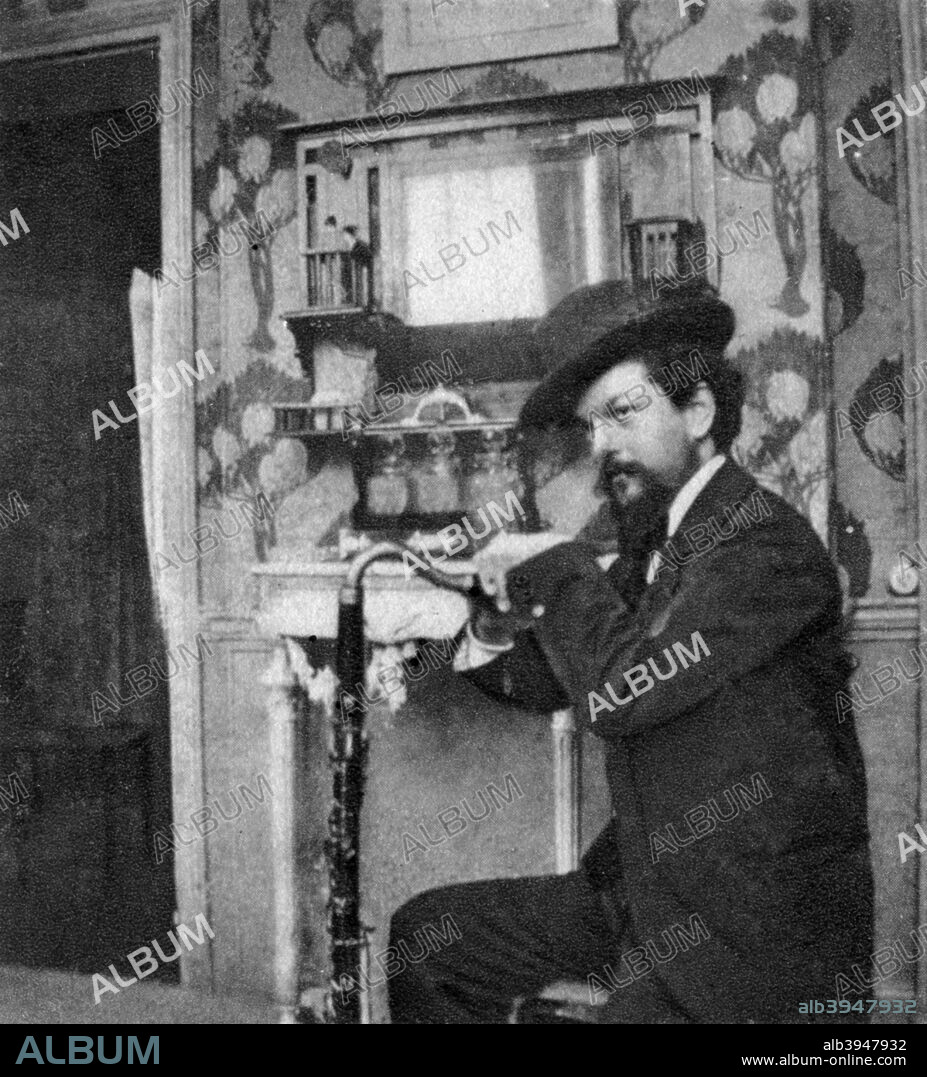 Claude Debussy, French composer, 1909. Debussy (1862-1918) is regarded as one of the foremost French composers. A photograph from Album de Photographies dans L'Intimite de Personnages Illustres, 1860-1920, 6th album, Editions MD, Paris.