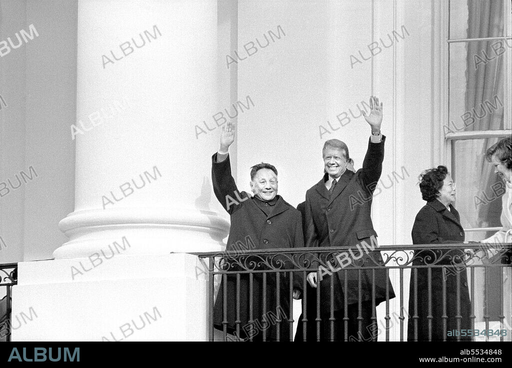 Deng Xiaoping, Vice Premier of China and U.S. President Jimmy Carter waving from Balcony at White House, First Ladies Zhuo Lin and Rosalynn Carter on right, Washington, D.C., USA, Warren K. Leffler, Thomas J. O'Halloran, Marion S. Trikosko, January 29, 1979.