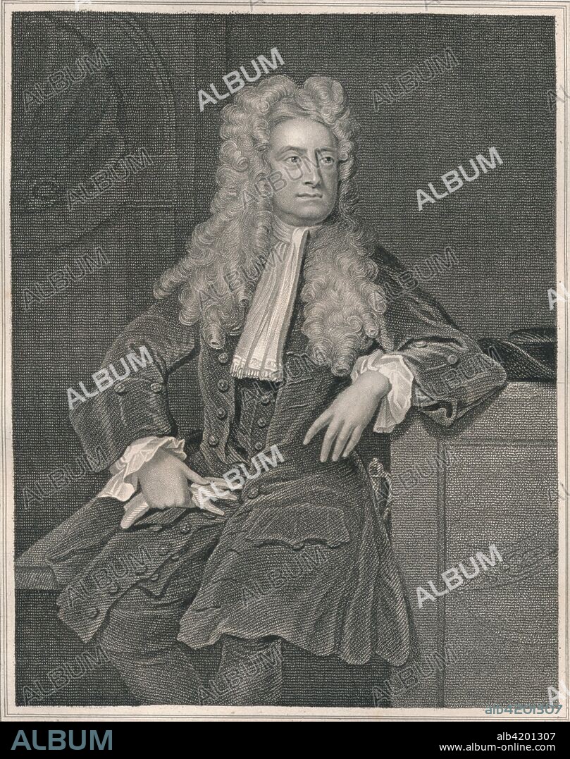 'Sir Isaac Newton', c1700, (early-mid 19th century). Portrait of English mathematician and physicist Isaac Newton (1642-1727). Newton's discoveries were prolific and exerted a huge influence on science and thought. His theories of gravity and his three laws of motion were outlined in his greatest work, "Philosophiae Naturalis Principia Mathematica", (1687) and he is credited with discovering differential calculus. Knighted by Queen Anne in 1705, Newton is buried in Westminster Abbey, London. 'From the original of Kneller, in the collection of The Right Honourable The Earl of Egremont'. [The London Printing and Publishing Company, London].
