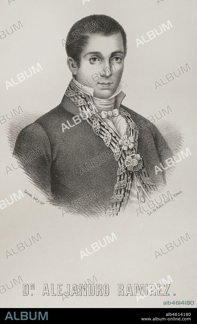 ISIDORO SALCEDO. SPANISH PAINTER, LITHOGRAPHER AND CARTOONIST,19TH CENTURY.. Alejandro Ramírez Blanco (1777-1821). Periodista y economista español. En 1812 fue nombrado superintendente de Hacienda de Puerto Rico. Jefe de Hacienda de Cuba en 1816. Retrato. Ilustración por Salcedo. Litografía. Crónica General de España, Historia Ilustrada y Descriptiva de sus Provincias. Las Antillas, 1871.