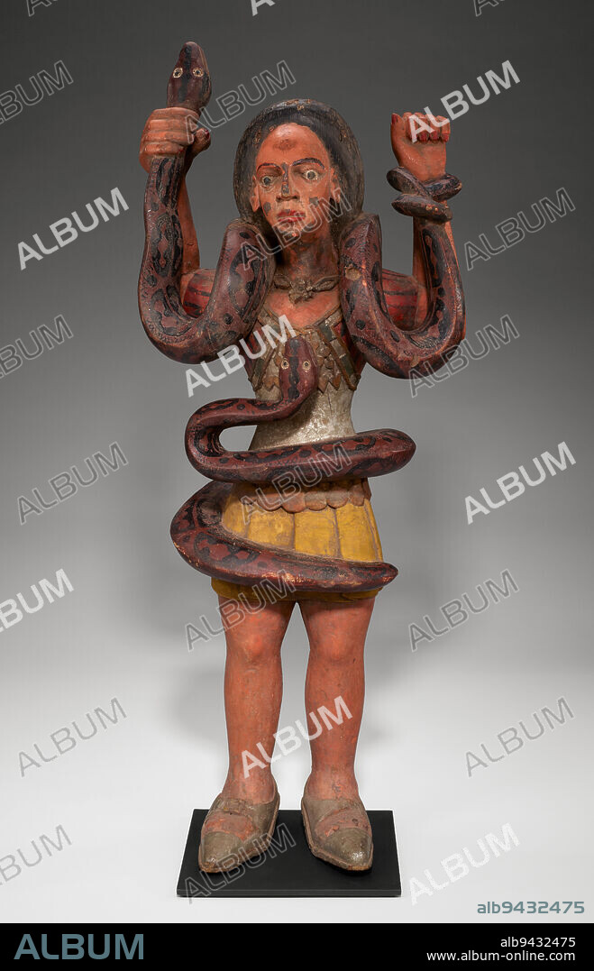 Mami Wata figure, 1950s, 34 x 14 x 10 in. (86.36 x 35.56 x 25.4 cm) (without mount), Wood, pigment, Nigeria, 20th century, Beautiful, seductive, powerful, and fearsomethat is Mami Wata, a water spirit usually represented as a snake charmer or a mermaid. Her name may be an African derivation from 'Mother Water,' but it is also possible that the term existed long before colonization and the use of English in Africa. Associated with health and wealth, love, and good fortune, she is celebrated throughout Africa and the African diaspora as a being of great spiritual power. Her non-African appearance is perhaps due to the fact that many Africans associated the early European traders and explorers with the sea and water spirits. For her followers today, however, Mami Wata represents modernity, worldly sophistication, and access to a cash economy.