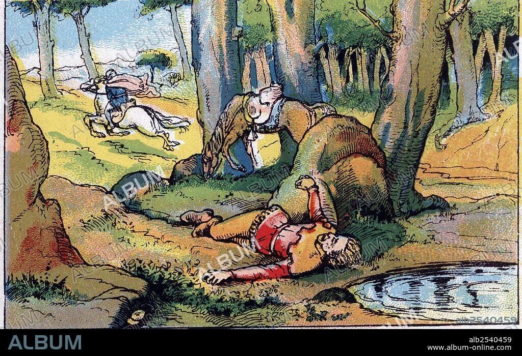 Historia de Catalunya. Ramon Berenguer II, apodado "cap d'estopa", muerto por su hermano en los bosques de Hostalric en el año 1082. Dibujo de los año 1930.