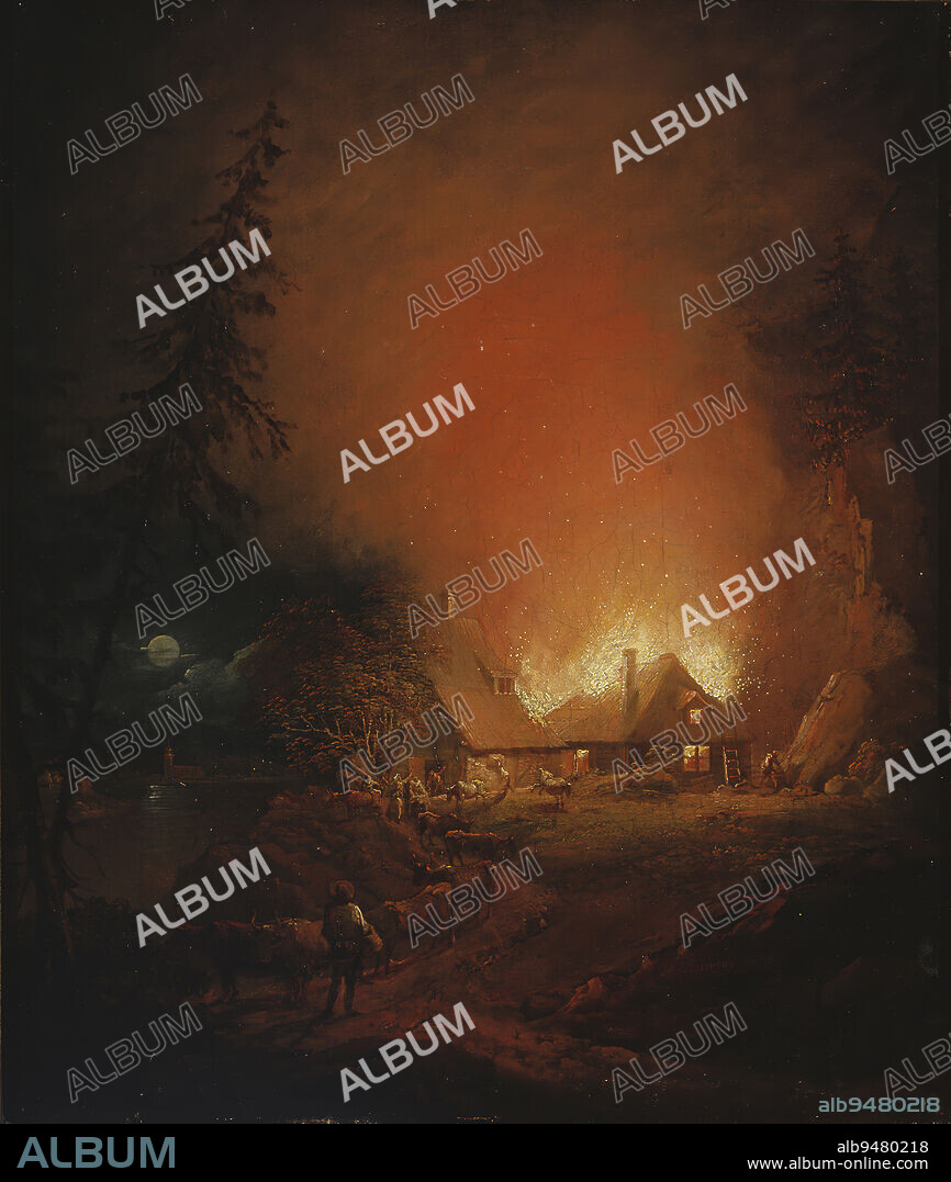 Alexander Lauréus, 4.1.1783, Turku, 20.10.1823, Rome, Italy, Fire at night in a peasant house, 1809, 52 × 44 cm, oil, oil on canvas.