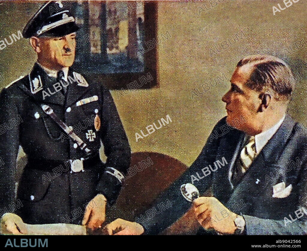 Wilhelm Brückner (Right seated) 1884 - 1954 was until 1940 Adolf Hitler's chief adjutant. Left standing is Josef "Sepp" Dietrich 1892 1966) German Waffen-SS General and a member of the Nazi Party of Nazi Germany. Prior to 1929, he was Adolf Hitler's chauffeur and bodyguard but received rapid promotion after his participation in the murder of Hitler's political opponents during the Night of the Long Knives.
