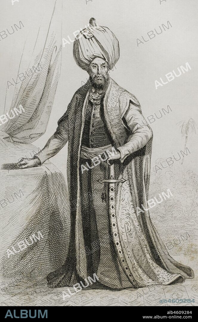 Selim II (1524-1574). Sultán del Imperio Otomano entre 1566 y 1574. Grabado por Lemaitre, Masson y Lesueur. Historia de Turquía, por Joseph Marie Jouannin (1783-1844) y Jules Van Gaver. Panorama Universal, edición española de 1840.
