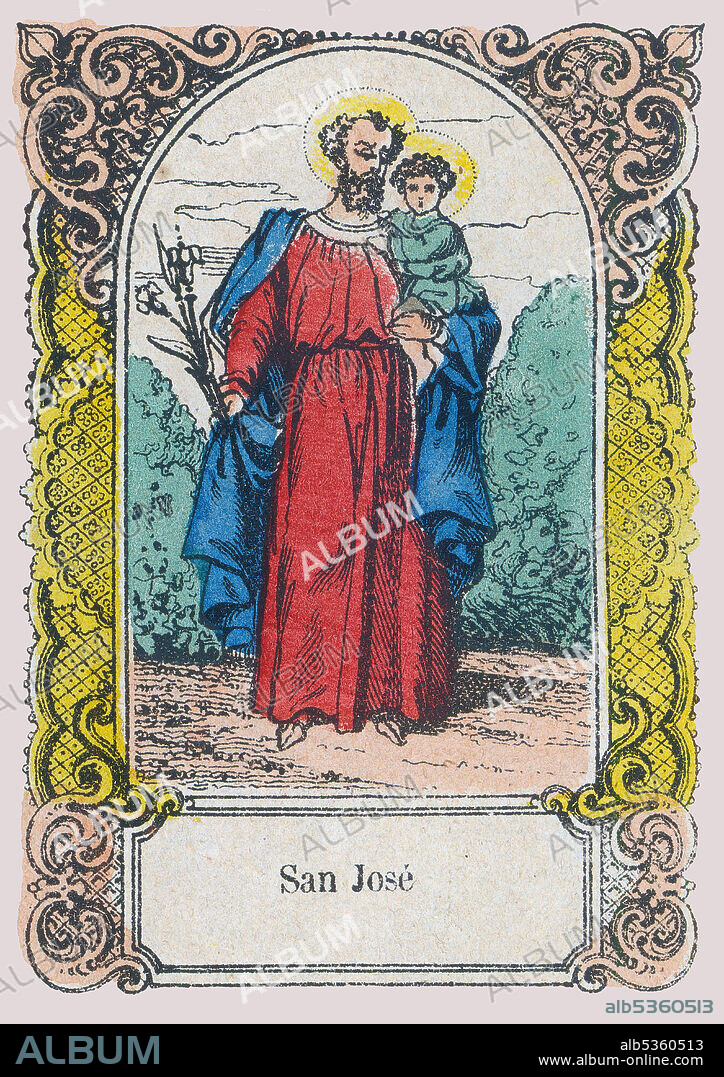 San José de Nazaret, esposo de María y padre de Jesús. Estampería popular del siglo XIX.