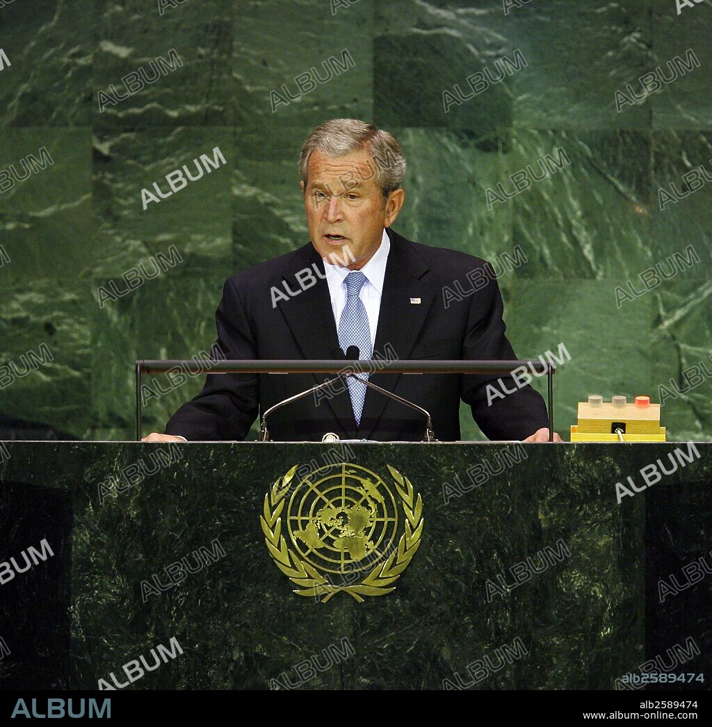 George W Bush, US president 2001-2009, addresses the UN General Assembly, 2007.
