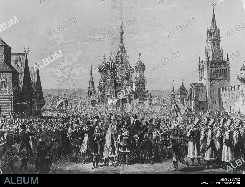 "A Life for the Tsar" also known as "Ivan Susanin", is a patriotic-heroic tragic opera in four acts with an epilogue by Mikhail Ivanovich Glinka (Russian Classical Music Composer). The historical basis of the plot involves Ivan Susanin, a patriotic hero of the early 17th century. Photo Shows: an engraving illustrating the finale of the Opera produced by the St Petersburg Bolshoi Theatre. Supplied By: SCRSS - Society for Co-operation in Russian & Soviet Studies.