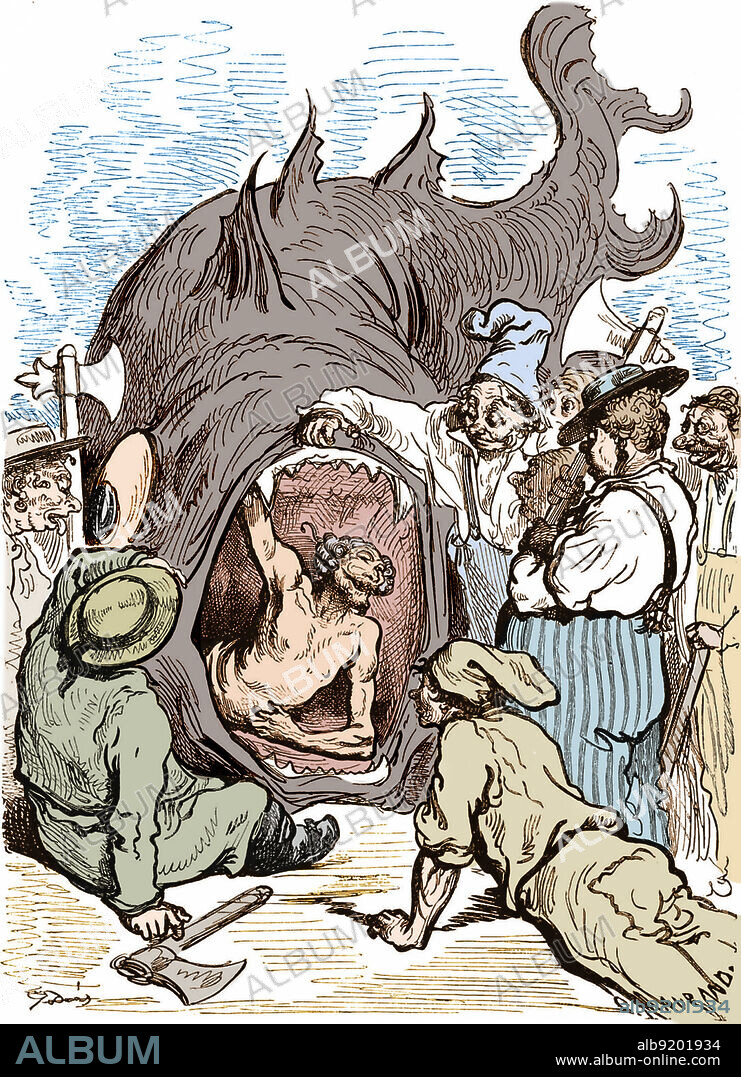 Baron Münchhausen retrieved from the belly of a whale, illustration by Gustave Doré, 1862. Baron Munchausen is a fictional German nobleman created by the German writer Rudolf Erich Raspe in 1785. The character is loosely based on a real baron, Hieronymus Karl Friedrich, Freiherr von Münchhausen, who told outrageous tall tales based on his military career. The condition of Munchausen syndrome derives its name from the fictional character.