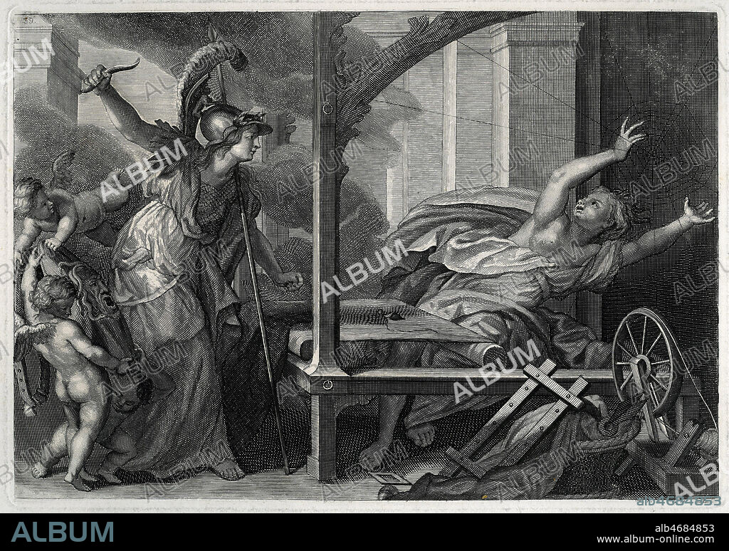 Mythologie. Athena transforme la tisseuse Arachnide en araignee. Arachne est une tres bonne tisseuse. Elle defie Athena, deesse reputee dans ce domaine. Fachee qu'une mortelle remette son talent en question, Athena defie Arachne. Elle transforme Arachne en araignee a la toile fragile. Gravure 18eme siecle. Credit : Collection Kharbine Tapabor.