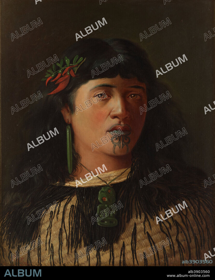 LOUIS JOHN STEELE. Portrait of a young Maori woman with moko. Date/Period: 1891. Painting. Oil on canvas. Height: 493 mm (19.40 in); Width: 395 mm (15.55 in).
