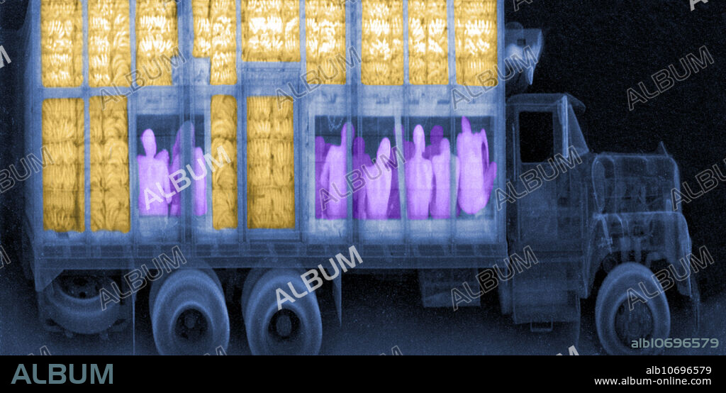 Thirty-seven illegal immigrants being smuggled with a shipment of bananas out of Chiapas, Mexico. Their detection was enabled by the use of this backscatter X-ray.