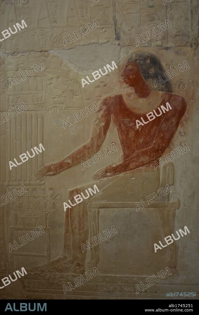 Mastaba of Ptahhotep and Akhethotep. 5th Dynasty. Old Kingdom. Egyptian viziers. Father and son. Relief depicting the deceased seated before the offerings table. Saqqara. Egypt.