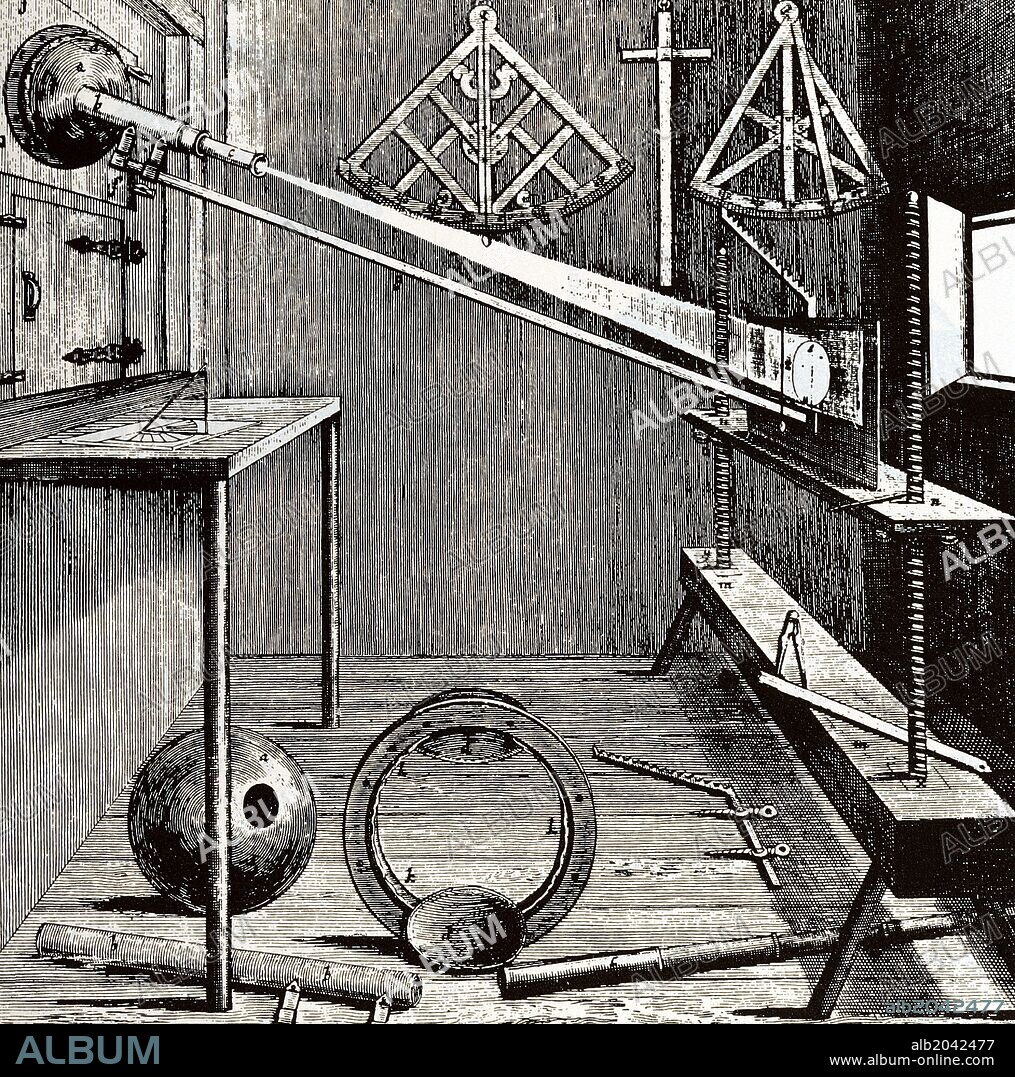 Johannes Hevelius, forma latinizada de Jan Heweliusz (1611-1687). Astrónomo de Polonia. Llamado el padre de la topografía lunar. "Observatorio e instrumentos astronómicos del científico". Grabado. S. XIX.