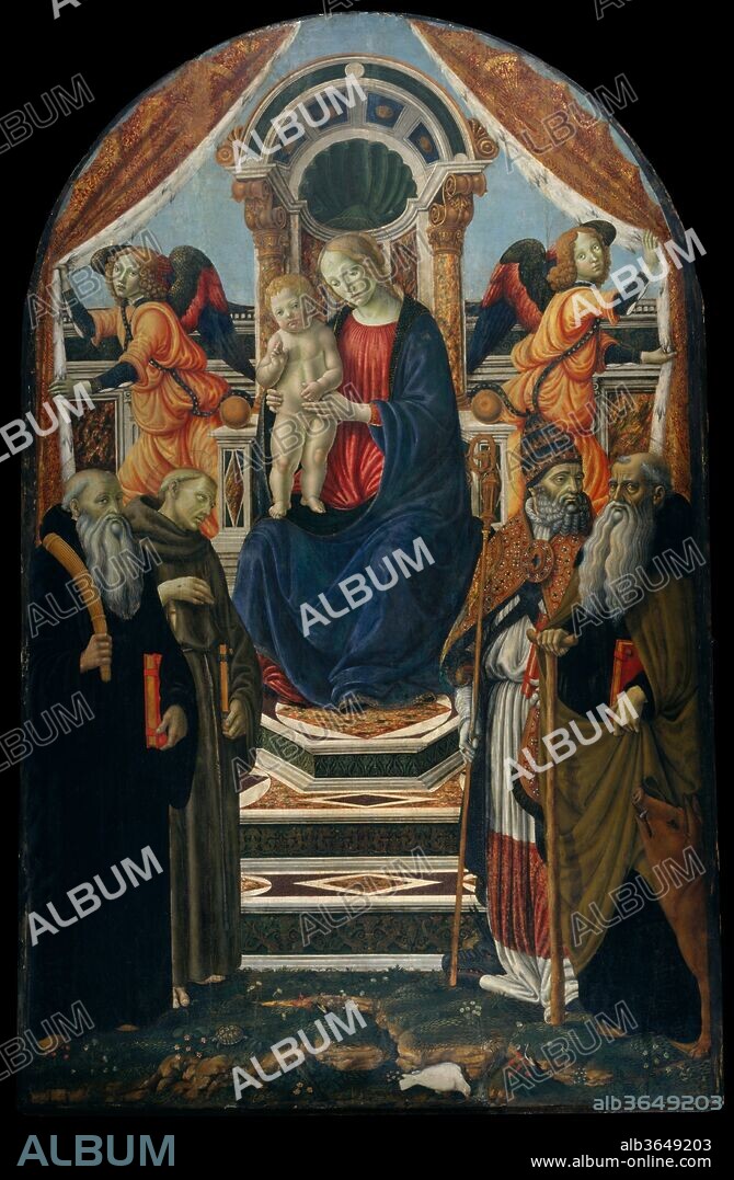 Madonna and Child Enthroned with Saints and Angels. Artist: Francesco Botticini (Francesco di Giovanni) (Italian, Florentine, ca. 1446-1497). Dimensions: Arched top, 110 1/2 x 69 in. (280.7 x 175.3 cm).
Botticini practiced an eclectic style, influenced successively by Verrocchio and Botticelli. In the present painting the two angels drawing back the curtains depend from those in the altarpiece painted by Botticelli in 1483 for San Barnaba in Florence and now in the Uffizi. Painted for the church of the Servi at Fucecchio (near Empoli), this altarpiece was later in the Collegiata. The frame, though old, is not original.