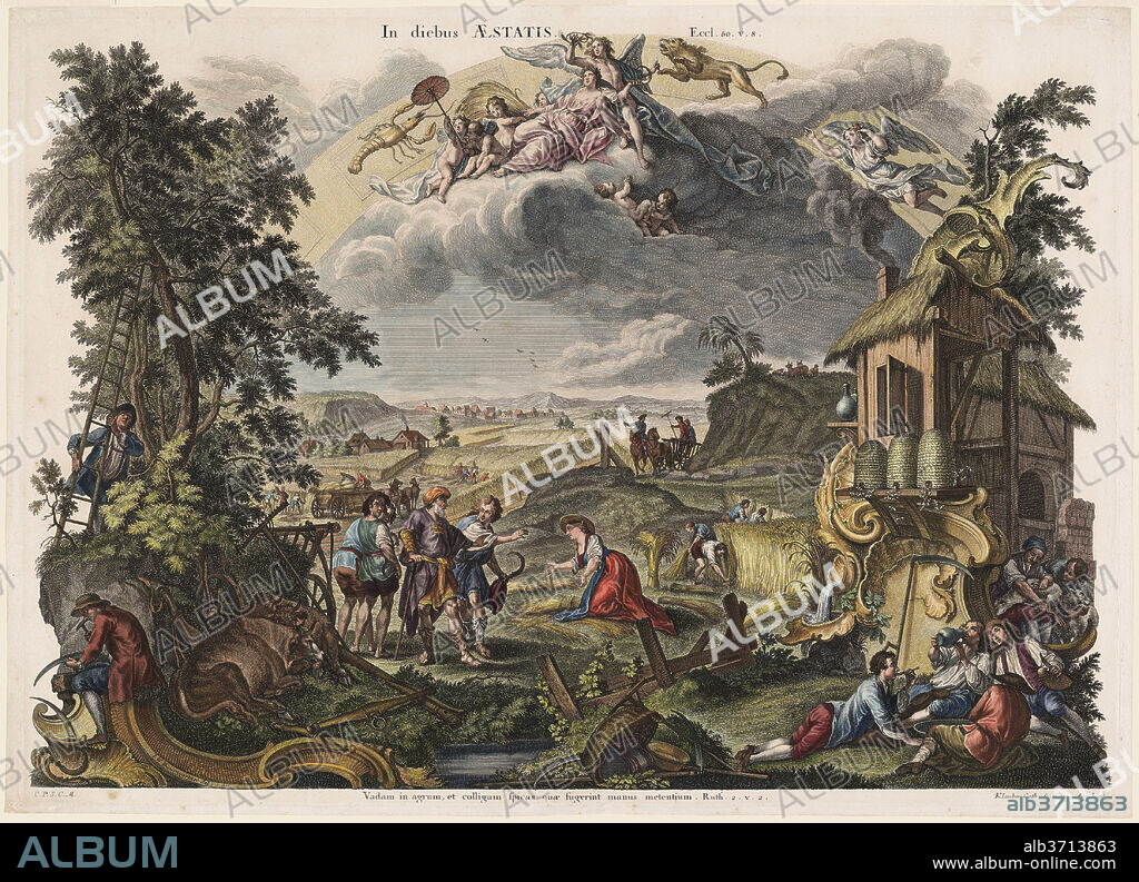 JOSEPH SEBASTIAN KLAUBER, JOHANN BAPTIST KLAUBER, AFTER JOHANN WOLFGANG BAUMGARTNER. Summer. Dated: mid 18th century. Dimensions: sheet: 48.5 x 67.6 cm (19 1/8 x 26 5/8 in.)  plate: 47.5 x 65.9 cm (18 11/16 x 25 15/16 in.). Medium: etching and engraving with hand-coloring on laid paper.
