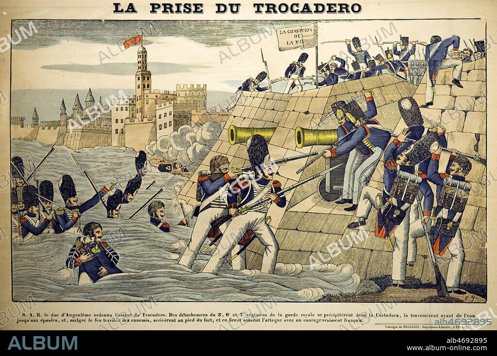 'La prise du Trocadero' (31 aout 1823, victoire du corps expeditionnaire francais sur les revolutionnaires liberaux espagnols a Cadix). Face a une tentative de soulevement des liberaux en Espagne,le corps expeditionnaire francais intervient au titre de la sainte alliance, leur permettant suite a la prise du fort de Cadix de remettre en place le pouvoir du roi bourbon Ferdinand VII. Imagerie Pellerin a Epinal vers 1830. Illustration anonyme pour une gravure. Credit : Collection IM/KHARBINE-TAPABOR.