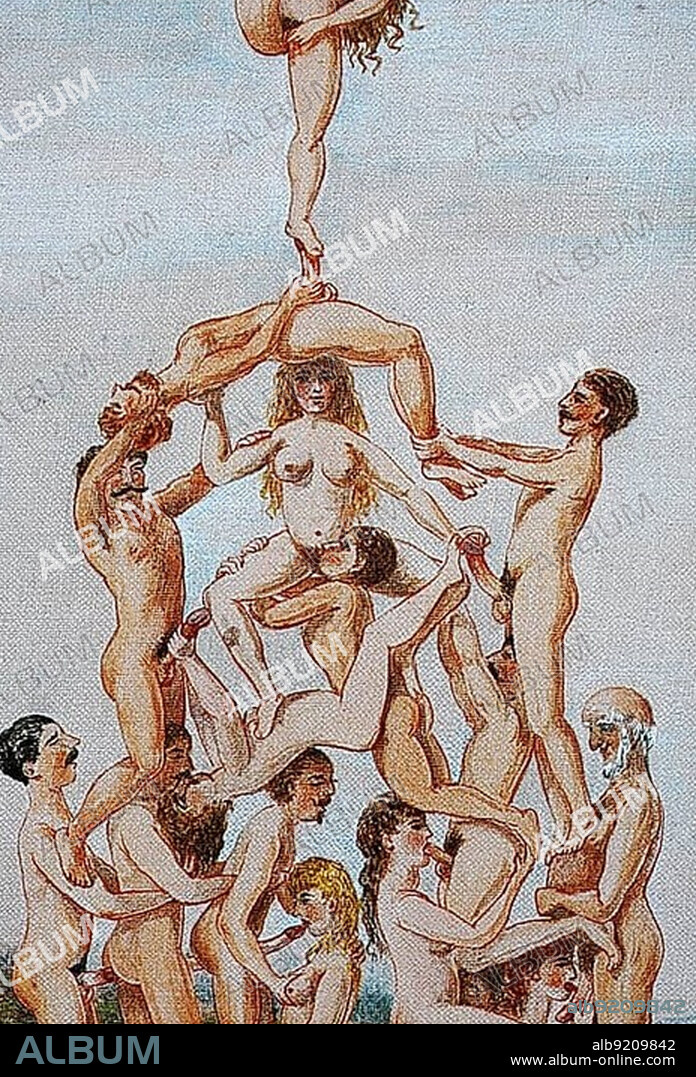 Victorian era erotic illustration, circa 1880, in England, acrobatics, group sex in a human pyramid, Historical, digitally restored reproduction of an original 19th century artwork, exact original date unknown