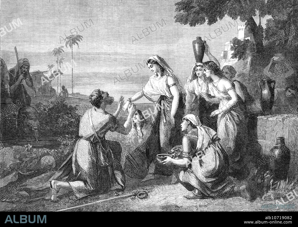 W THOMAS. The Meeting of Abraham's Servant with Rebekah at the Well, by W. Hilton, R.A., in the National Gallery, South Kensington, 1864. Engraving of a painting. 'The servant, when he arrives "without the city," and had made his camels kneel by a well of water "at the time of the evening, even the time that women go out to draw water," prays to the "Lord God of his master that the damsel to whom he shall say, 'Let down thy pitcher, I pray thee, that I may drink;' and she shall say, 'Drink, and I will give thy camels drink also:' let the same be she that thou hast appointed for thy servant Isaac." And this prayer was miraculously answered by the immediate appearance and subsequent conduct of the beautiful virgin Rebekah. When the man was convinced that this was the maiden to whom he had been divinely directed he gave her an earring and put bracelets on her wrists and worshipped the Lord...It will, however, be at once remarked that the types of the faces, the costumes, the camels, the landscape, and other accessories, have little pretence to that strictly Eastern couleur locale seen in recent pictures from sacred story...The composition is certainly good, and...the more technical qualities of the picture...are especially noteworthy'. From "Illustrated London News", 1864.