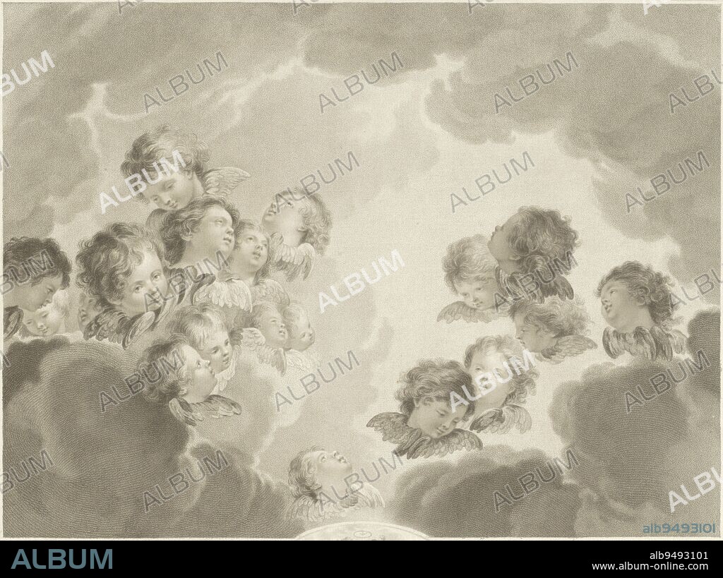 Seraphim in the clouds, Ludwig Gottlieb Portman, after Jacob de Wit, after Jacques Kuyper, 1794 - 1828, In the center is the scene with seraphim in the clouds. Some look up to the sky. In the margin a poem, in four columns, in Dutch. And in the center Mary on an anchor on a cloud. She looks up to the eternity symbol (the snake biting its own tail)., print maker: Ludwig Gottlieb Portman, (mentioned on object), intermediary draughtsman: Jacob de Wit, (mentioned on object), intermediary draughtsman: Jacques Kuyper, (mentioned on object), Amsterdam, 1794 - 1828, paper, etching, h 420 mm × w 502 mm.