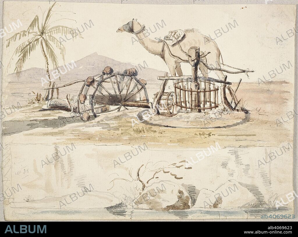 THOMAS POSTANS. Raising water from the Indus. Personal Observations on Sindh. 1830-1845. Raising water from the Indus. No.36. Camel and Persian wheel. Pencil, pen and ink and wash, watercolour, oil and pastel..  Image taken from Personal Observations on Sindh.  Originally published/produced in 1830-1845. . Source: WD 485, f.7v.