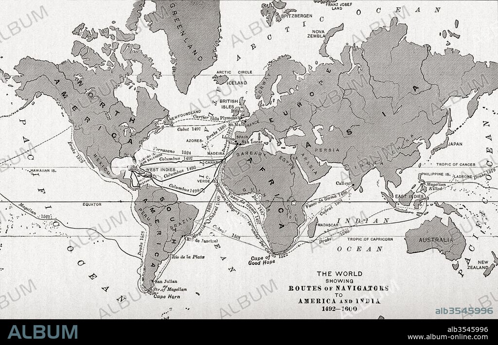 Map of the world showing the routes of navigators to America and India from 1492-1600. From The History of Our Country, published 1899.