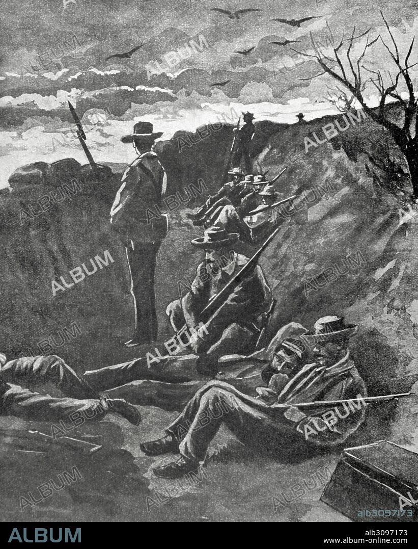 GUERRA HISPANO-ESTADOUNIDENSE o Guerra de Cuba o Guerra Hispano-Cubano-Norteamericna. Conflicto bélico entre España y EEUU en 1898, resultado de la intervención de USA en la guerra de Independencia Cubana. "Tropas españolas en las trincheras de Guantánamo". Grabado. La Ilustración Ibérica, 1898.